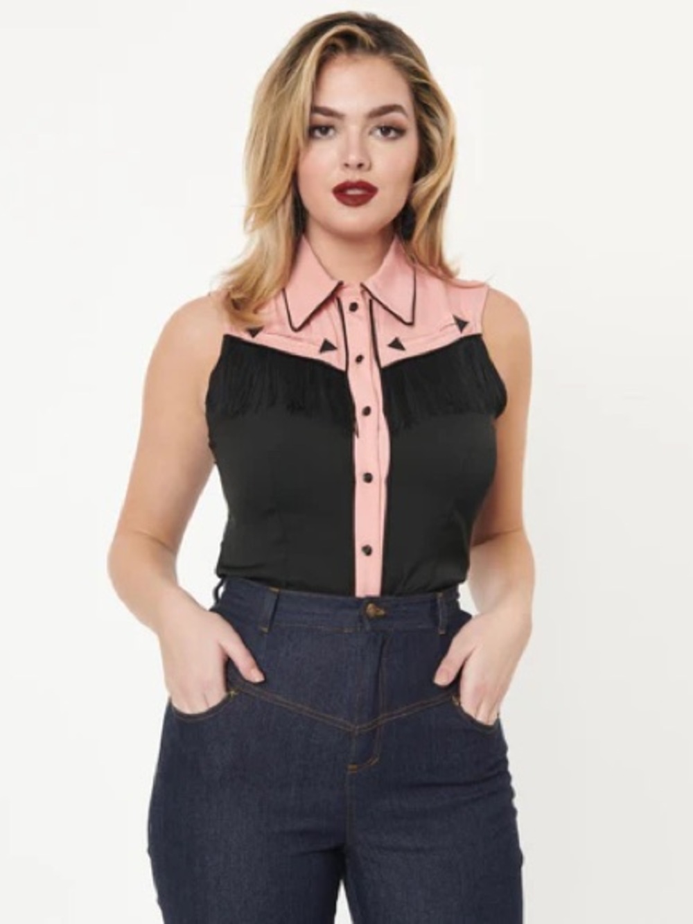 Unique Vintage NWT Sleeveless Pink & Black Fringe Western Button-Up Top